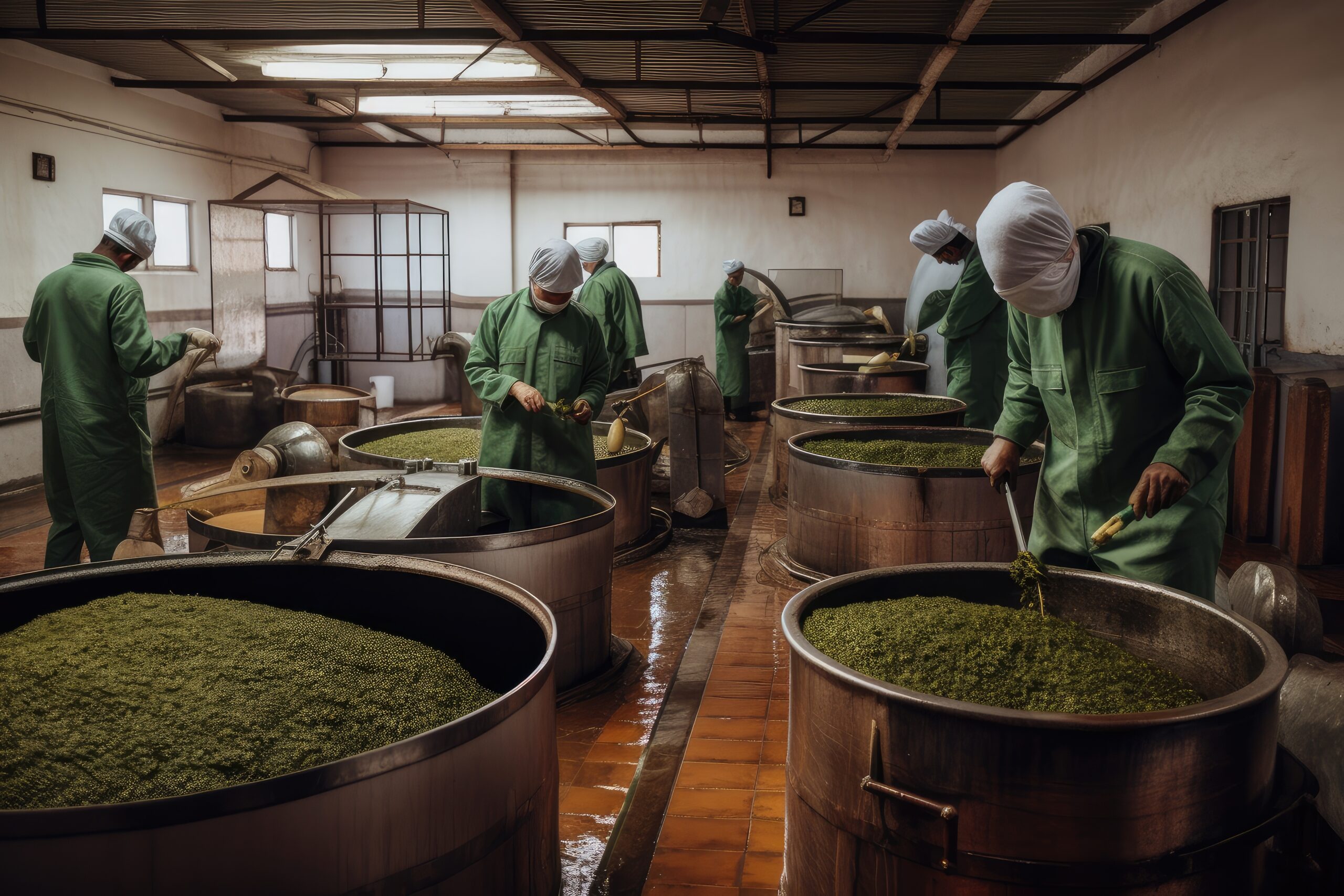 extraction processing plant with workers extracting essential oils from various herbs scaled